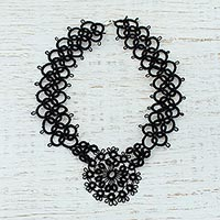Cotton pendant necklace, 'Black Lace Beauty' - Handcrafted Black Cotton Pendant Necklace with Lace Mexico
