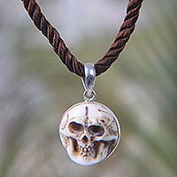 Bone and silk choker, 'Aged Immortal Smile' - Artisan Crafted Skull Necklace