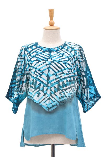 Cotton batik blouse, 'Blue Illusion' - Blue Cotton Batik Blouse Hand Crafted in Thailand