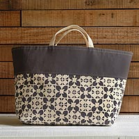 Cotton canvas tote bag, 'Bua Taupe' - Printed Canvas Tote Bag from Fiji