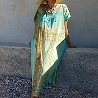 Hand-painted caftan dress, 'Haitian Breeze' - Green Rayon Caftan from Haiti