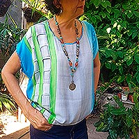 Hand-painted top, 'Sugarcane Shadows' - Rayon Short-Sleeved Top