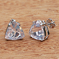 Quartz stud earrings, 'Pyramid of Light' - Brazil Crystal Quartz Rhodium Plated Silver Stud Earrings