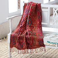 Jacquard wool shawl, 'Sunset Patchwork' - Jacquard and Embroidered Wool Shawl