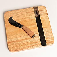 Mahogany and horn cheese board and knife, 'Cherie' - Artisan Crafted Mahogany Cheese Board with Knife
