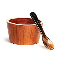 Mahogany and bone serving bowl and spoon, 'Francois' (4.5 inch) - Handmade Bone Accented Serving Bowl Set (4.5 Inch)