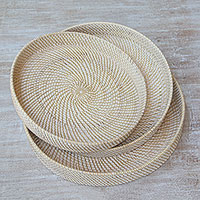 Ate grass and bamboo nesting trays, 'Lombok Spirals' (set of 3) - Three Ate Grass and Bamboo Trays from Indonesia