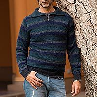 Men's 100% alpaca sweater, 'Gale Force' - Men's Blue and Green Striped 100% Alpaca Pullover Sweater