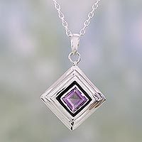 Amethyst pendant necklace, 'Feminine Purple' - Amethyst and Sterling Silver Modern Necklace from India