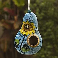 Hand painted gourd birdhouse, 'Sunflower and Sky' - Hand Painted Dried Gourd Birdhouse