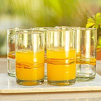 Blown glass highball, 'Ribbon of Sunshine' (set of 6) - Set of 6 Blown Recycled Glass Tumblers with Orange Stripe