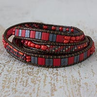 Beaded wrap bracelet, 'Red Rose Fire' - Bright Red and Orange Wrap Bracelet Handmade Beaded Jewelry