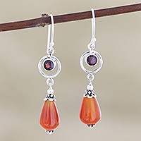 Carnelian and garnet dangle earrings, 'Fiery Fusion' - Artisan Crafted Carnelian and Garnet Dangle Earrings
