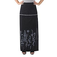 Cotton wrap skirt, 'Prairie in Black' - Cotton Black Wrap Skirt with Printed Prairie Grass Design