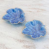 Ceramic bowls, 'Ivy Gourd' (pair) - Leafy Blue Ceramic Appetizer Bowls from Thailand (Pair)