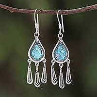 Roman glass chandelier earrings, 'Ancient Rain' - Drop-Shaped Roman Glass Chandelier Earrings from Thailand