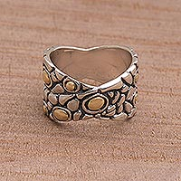 Gold accented sterling silver band ring, 'Golden Cobblestones' - Balinese Sterling Silver and Gold Plated Band Ring