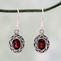 Garnet dangle earrings, 'Indian Basket' - Garnet Dangle Earrings Set in Woven 925 Sterling Silver