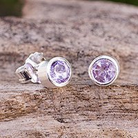 Amethyst stud earrings, 'Light' - Brushed Sterling Silver and Blue Topaz Studs Earrings