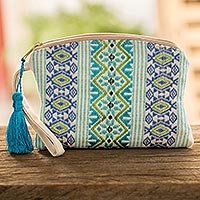 Cotton cosmetic case, 'Feels Like Spring' - Handwoven Blue and Turquoise Cotton Cosmetic Case