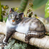 Wood sculpture, 'Watchful Grey Cat' - Painted Suar Wood Sculpture of a Grey Cat from Bali