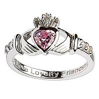 Sterling silver birthstone claddagh ring, 'July' - Pink CZ Birthstone Claddagh Ring