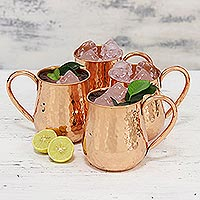 Copper mugs, 'Friends Reunited' (set of 4) - Set of Four Hand Crafted Shiny Copper Mugs from India