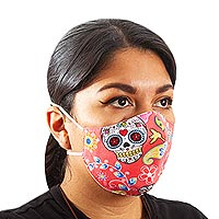 Cotton and polyester face masks, 'Pink Floral Skeletons' (pair) - 2 Face Masks 2-Layer Polyester Day of the Dead 'Pink Floral