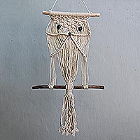 Cotton macrame wall hanging, 'Owl Charm' - Handmade Cotton and Bamboo Owl Wall Hanging from Indonesia