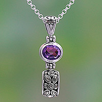 Amethyst pendant necklace, 'Padi Glisten' - Amethyst Pendant Necklace from Bali