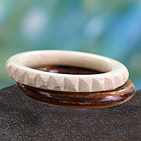 Bone bangle bracelets, 'Delhi Harmony' (pair) - Bangle Bracelets Carved by Hand from Bone (Pair)