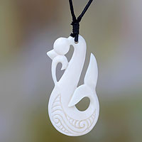 Pendant necklace, 'Balinese Whale' - Hand Carved Whale Theme Bone Necklace