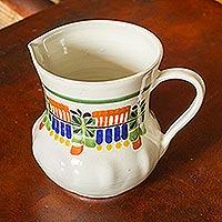 Majolica ceramic pitcher, 'Acapulco' - Mexican Hand Crafted Majolica Ceramic Floral Pitcher