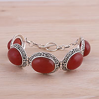 Onyx link bracelet, 'Fiery Bliss' - Fiery Red Onyx and Sterling Silver Link Bracelet from India