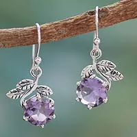Amethyst dangle earrings, 'Forbidden Fruit' - Artisan Crafted Sterling Silver Amethyst Floral Earrings
