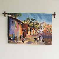 Wool tapestry, 'Palian Village' - Wool tapestry