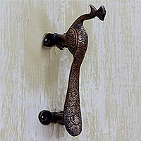 Brass door handle, 'Peacock Passage' - Antiqued Peacock Indian Door Handle in Copper Plated Brass