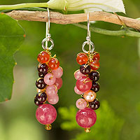 Cultured pearl and carnelian cluster earrings, 'Rosy Vineyard' - Beaded Pearl Carnelian and Quartz Handmade Earrings