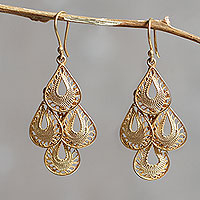 Gold vermeil filigree chandelier earrings, 'Raindrop Cascade' - Gold Vermeil Handcrafted Filigree Chandelier Earrings