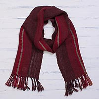100% alpaca scarf, 'Andean Zigzag in Crimson' - Handwoven 100% Alpaca Wrap Scarf in Crimson from Peru
