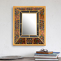 Reverse-painted glass wall mirror, 'Colonial Glam' - Gold-Tone Reverse-Painted Glass Wall Mirror from Peru