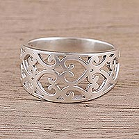Sterling silver band ring, 'Amour Allure' - Sterling Silver Heart Motif Band Ring Handcrafted in India