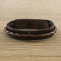 Leather wristband bracelet, 'Tenacious Nature in Brown' - Handmade Leather Wristband Bracelet in Brown from Thailand