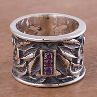 Rhodolite band ring, 'Lily Luxury' - Sterling Silver and Rhodolite Band Ring with Floral Motif