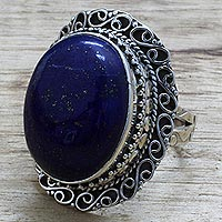 Lapis lazuli cocktail ring, 'Swirling Sky' - Hand Made Sterling Silver Lapis Lazuli Cocktail Ring India