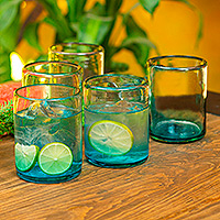 Glass rocks glasses, 'Cooling Aquamarine' (set of 5) - Turquoise Blue Rocks Glasses from Mexico (Set of 5)