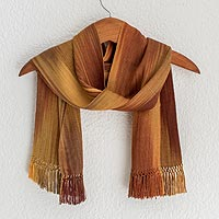 Rayon scarf, 'Iridescent Ocher' - Ocher and Copper Hand Woven Rayon Scarf