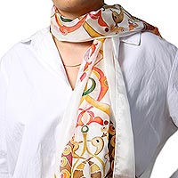 Hand painted silk batik scarf, 'Ancient Tradition' - Hand Painted Miniature Motifs Batik Scarf in 100% Silk