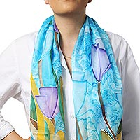 Hand painted silk batik scarf, 'Treasured Tulips' - Tulip Motif Signed Hand Painted Silk Batik Scarf