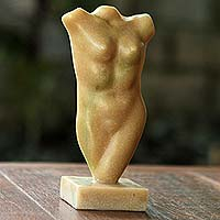 Resin sculpture, 'Beige Leaf Woman' - Artisan Crafted Signed Nude Woman Resin Sculpture